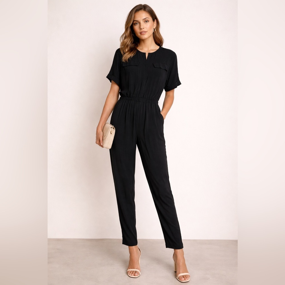 ASTR Black Silk Blend Jumpsuit XS Short Sleeve Elastic Waist Pockets